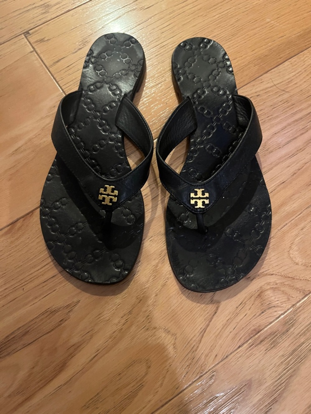 Tory Burch Black Leather Logo Thong Sandals with Gold Double-T